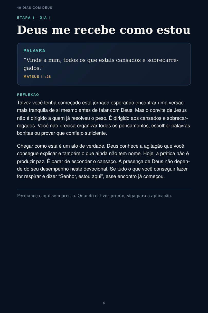 Página real do primeiro dia da jornada 40 Dias com Deus